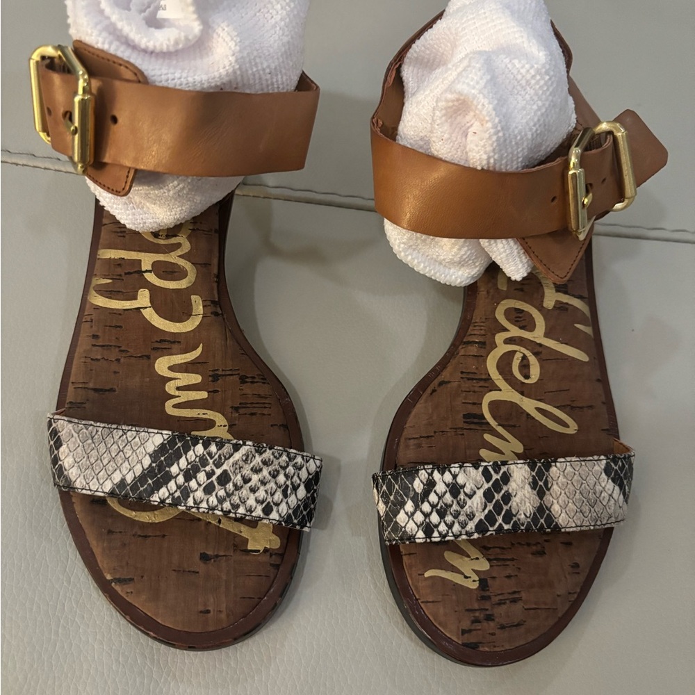 Sam Edelman Trina Ankle Strap Sandals Snakeskin Tan Leather Sz 6M